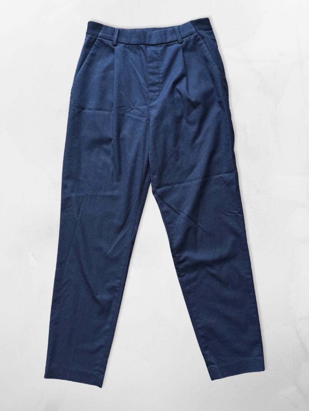 Navy Pinstripe High-Waist Trousers, Elastic Waist, Tailored Slim Fit, Size S
